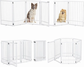 Metal Freestanding Dog Gate With Door, Extra Wide 121", 31" Height Foldable for Doorways, Tall Fence Indoor Outdoor Pet Barrier for Stairs Hallways, 6 Panels, White