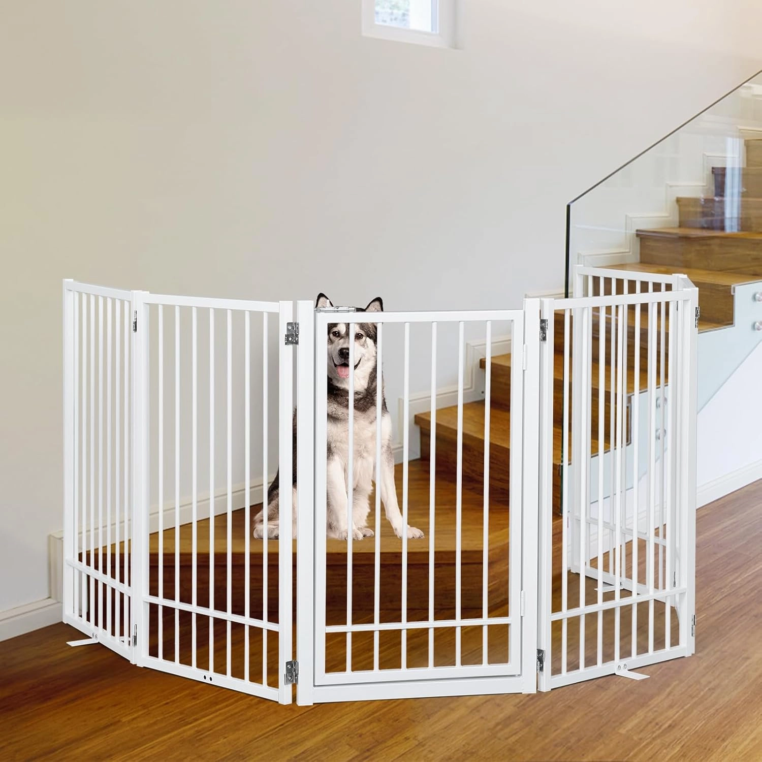 Metal Freestanding Dog Gate With Door, Extra Wide 121", 31" Height Foldable for Doorways, Tall Fence Indoor Outdoor Pet Barrier for Stairs Hallways, 6 Panels, White
