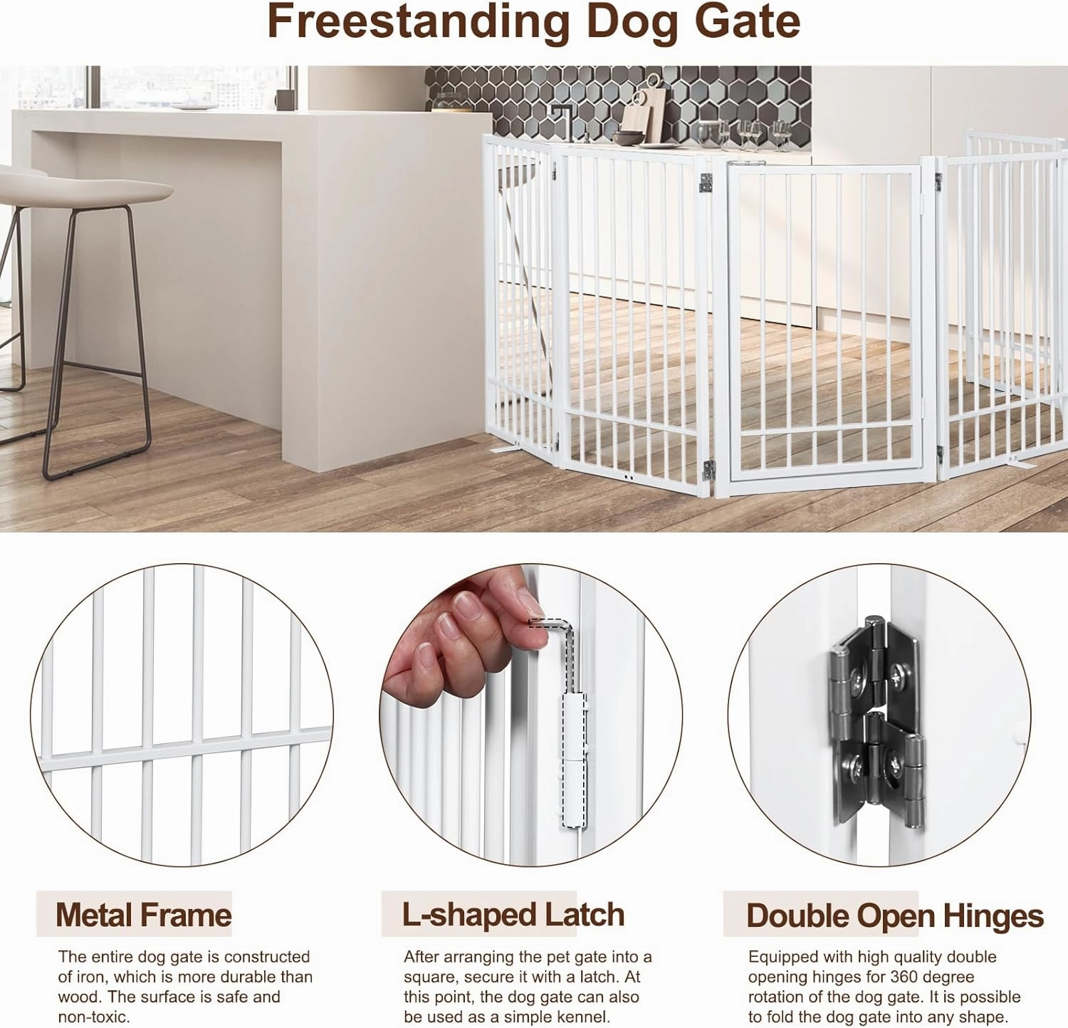 Metal Freestanding Dog Gate With Door, Extra Wide 121", 31" Height Foldable for Doorways, Tall Fence Indoor Outdoor Pet Barrier for Stairs Hallways, 6 Panels, White