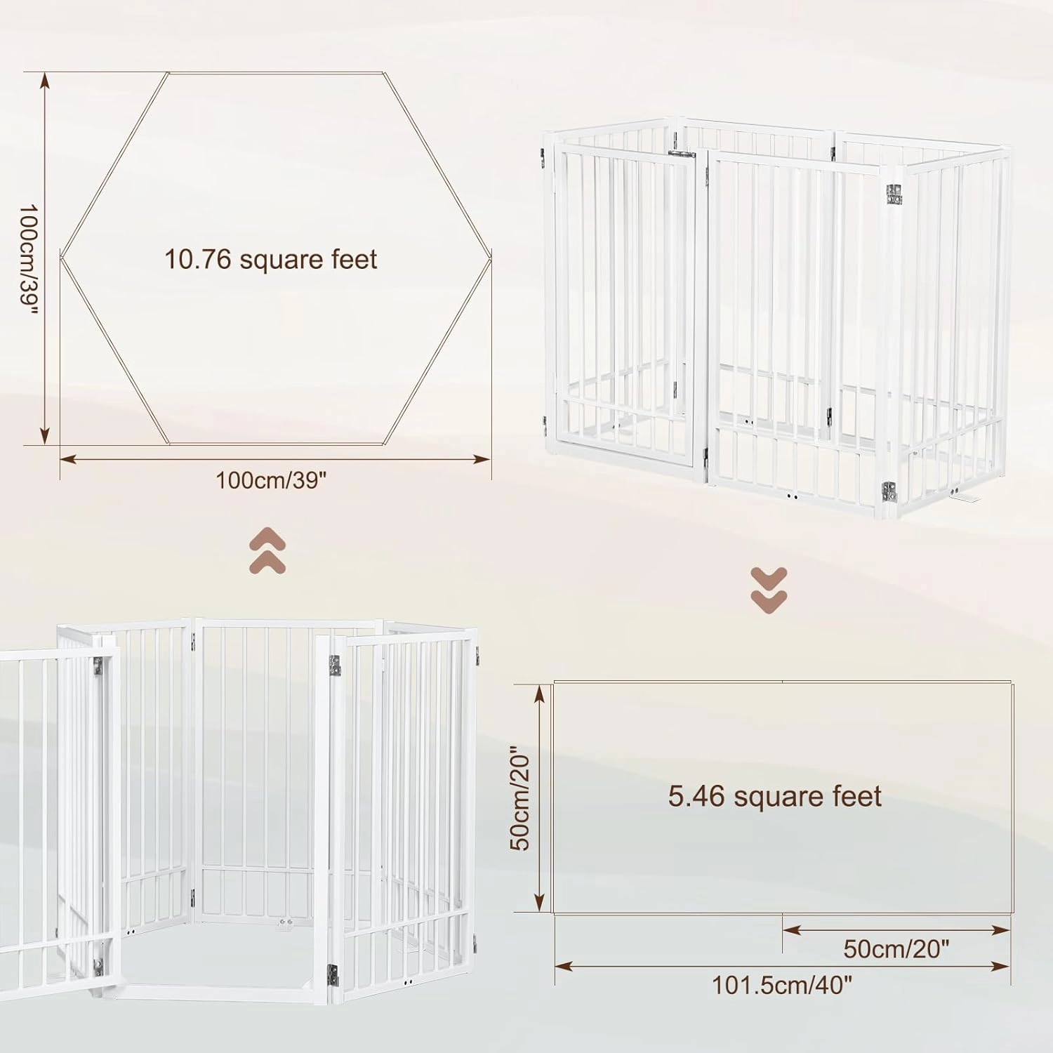 Metal Freestanding Dog Gate With Door, Extra Wide 121", 31" Height Foldable for Doorways, Tall Fence Indoor Outdoor Pet Barrier for Stairs Hallways, 6 Panels, White