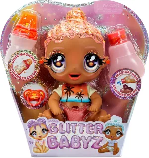 MGA's Glitter Baby Doll with Color Changes, Pink Hair, Sunset Outfit, Bottle - Gift for Kids Ages 3-5 
