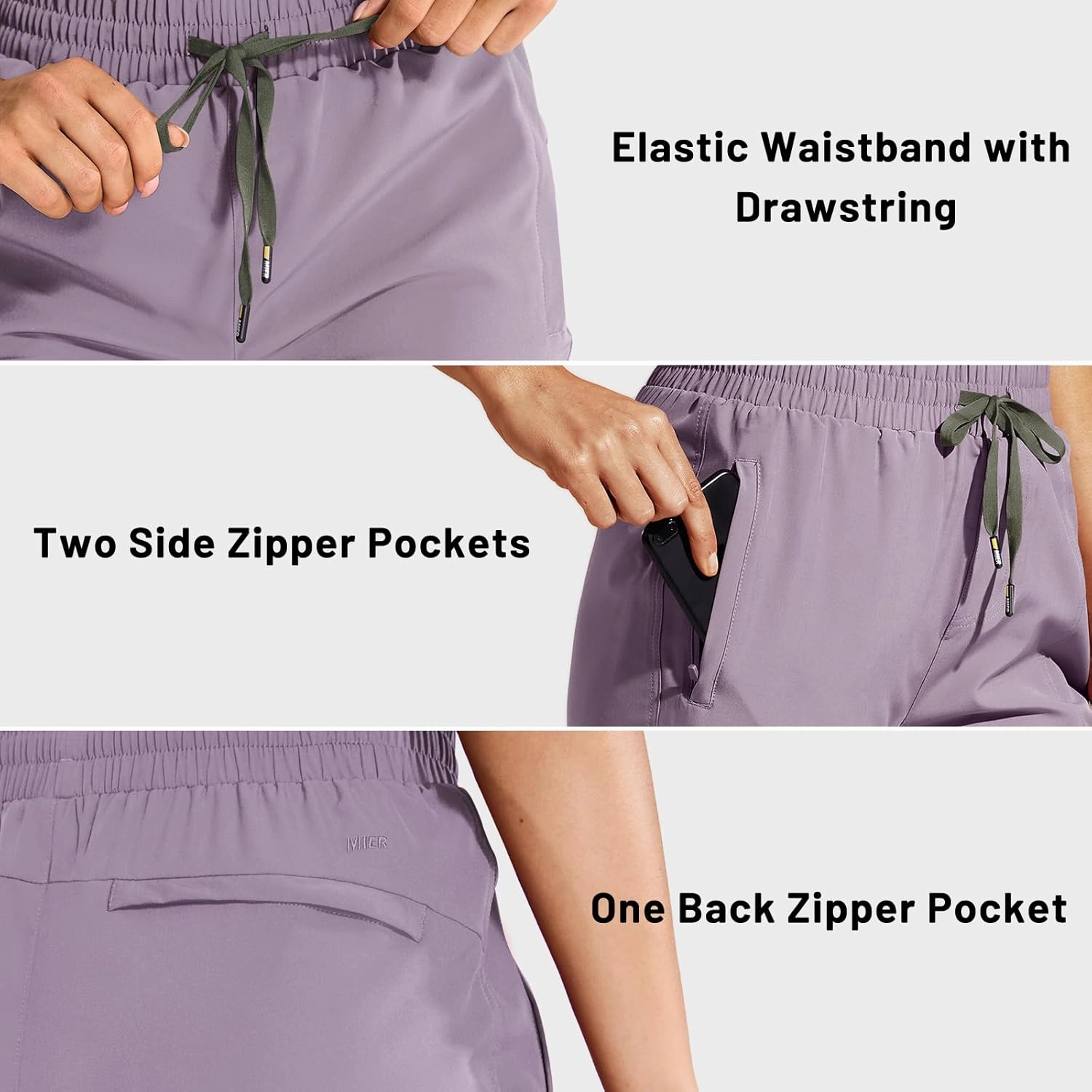 MIER Women's Lightweight Jogger Pants with Zipper Pockets Running Athletic Hiking Travel Drawstring Pants, Quick Dry