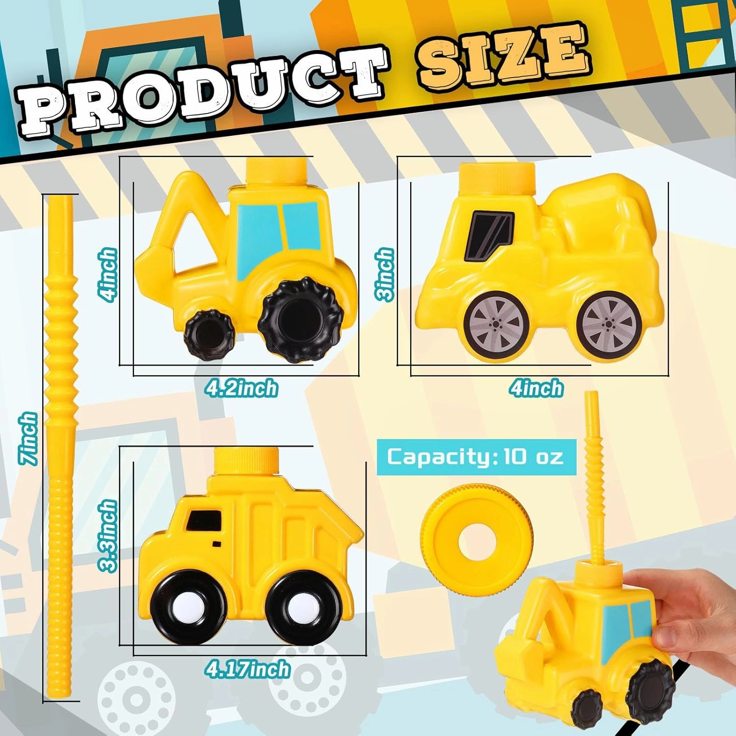 Mifoci 24 Pcs Construction Truck Party Favor - Excavator, Cement Mixer Truck, Cups, Straws & Lids - 10 oz Plastic Construction Themed Kids Birthday Party Decorations