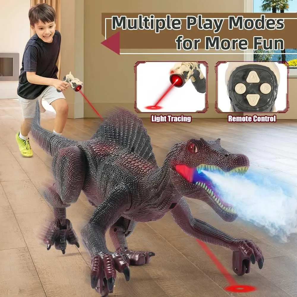Mini Tudou Remote Control Dinosaur Toys for Kids,Light Tracing RC Jurassic Spinosaurus Dinosaur Toys w/Auto Spray and Realistic Light & Roaring,Walking Robot Dinosaur Toys for Boys Girls 3-5 4-7 8-12