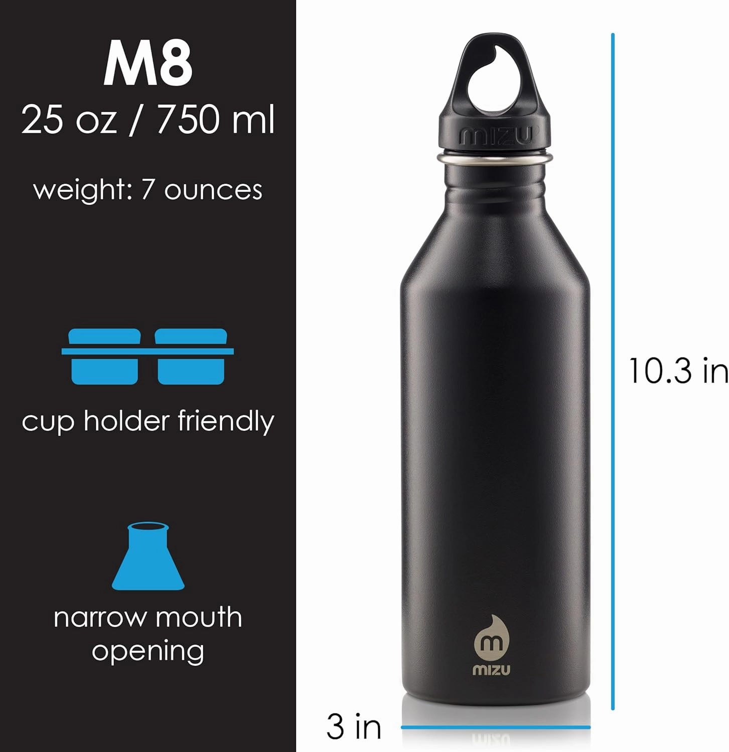 Mizu M8 - 25 oz. Single Wall Narrow Mouth Stainless Steel Bottle with Loop Cap Black