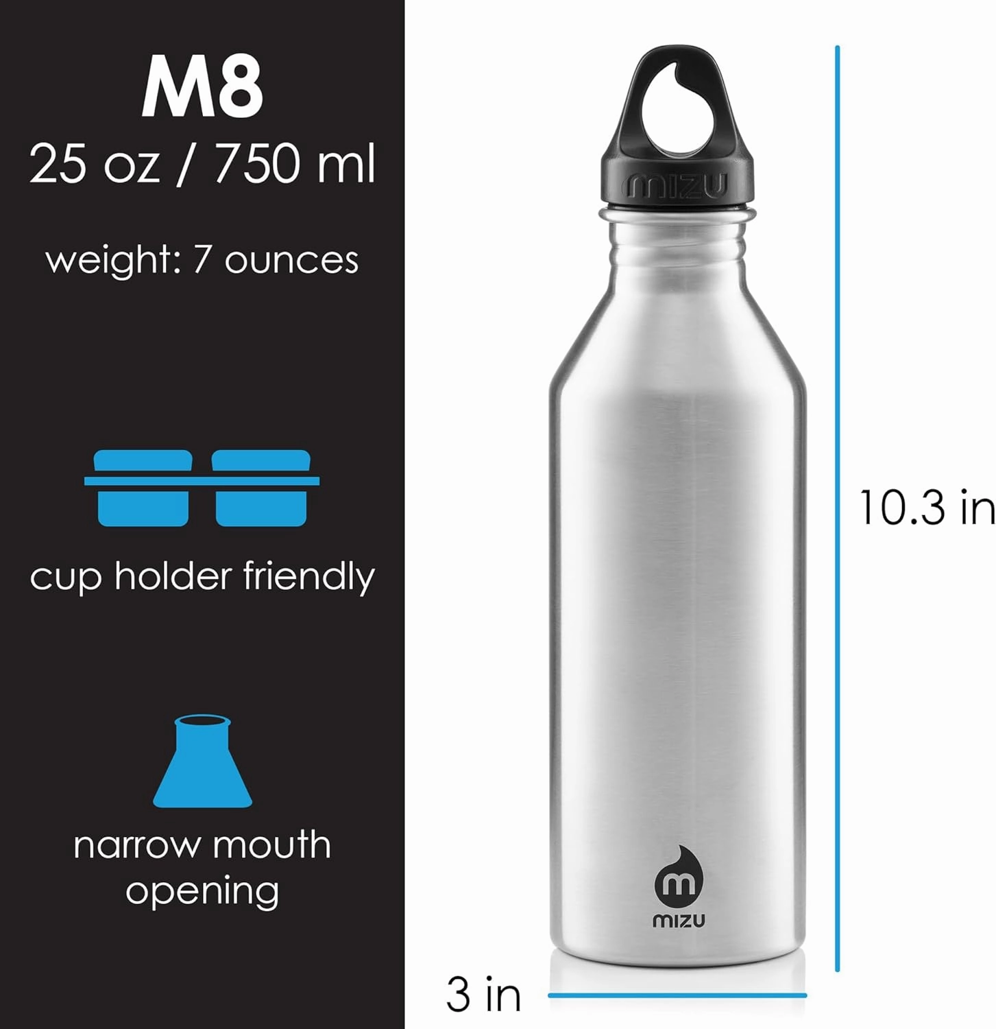 Mizu M8 - 25 oz. Single Wall Narrow Mouth Stainless Steel Bottle with Loop Cap