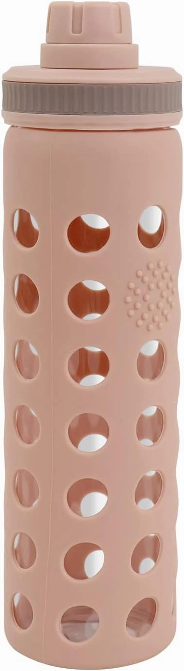 Modern-Depo 20oz Clear Glass Water Bottles Extra Lid Odor Proof and Stain Resistant Wide Mouth Reusable Fitness Sports Bottle with Sleeve, Motivational Water Jug, Khaki