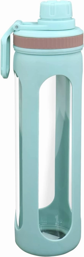 Modern-Depo 20oz Water Bottles with Water Jug Lid Handle Reusable Fitness Sports Bottle Odor Proof and Stain Resistant, Protective Sleeved Glass Bottle, Blue
