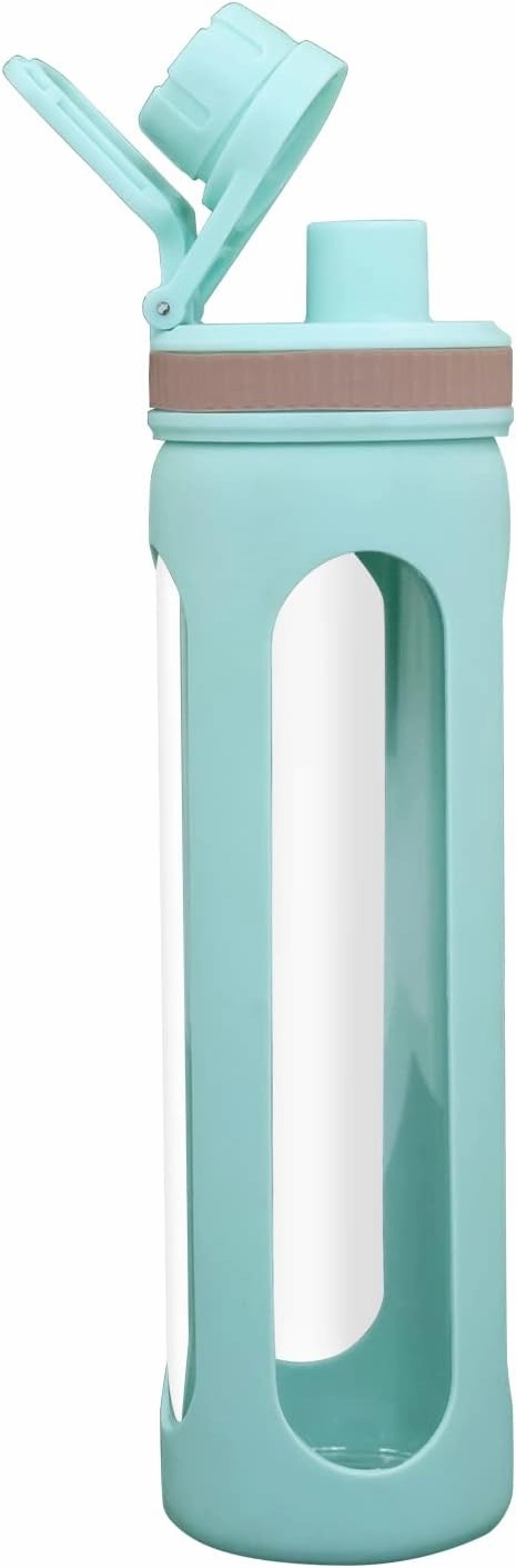 Modern-Depo 20oz Water Bottles with Water Jug Lid Handle Reusable Fitness Sports Bottle Odor Proof and Stain Resistant, Protective Sleeved Glass Bottle, Blue