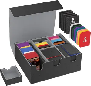 MoKo Card Storage Box for Trading Cards, 2200  MTG Deck Box with 8 Colorful Divider Tabs & 5 Sponge Pads, Trading Card Storage Fit for Magic Game Cards, Holds 5 Commander Deck Box (Black & Gray)