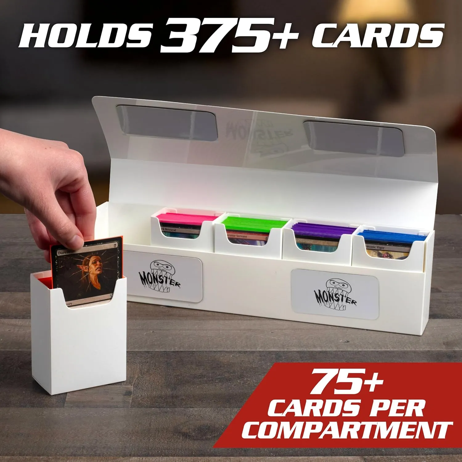 Monster Protectors Magnetic Five Deck Box - Red, Holds 375 Gaming TCGs, Self-locking Closure, Compatible w Standard & Smaller Size Gaming Trading Cards, Removable Construction, Gift