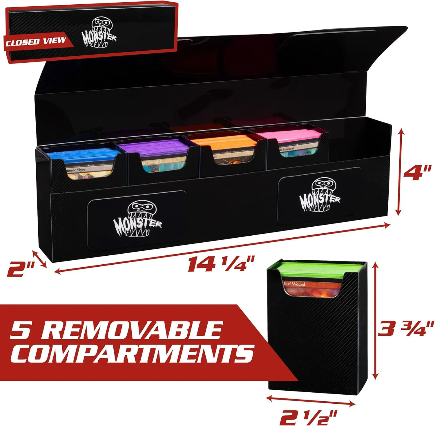 Monster Protectors Magnetic Five Deck Box - Red, Holds 375 Gaming TCGs, Self-locking Closure, Compatible w Standard & Smaller Size Gaming Trading Cards, Removable Construction, Gift