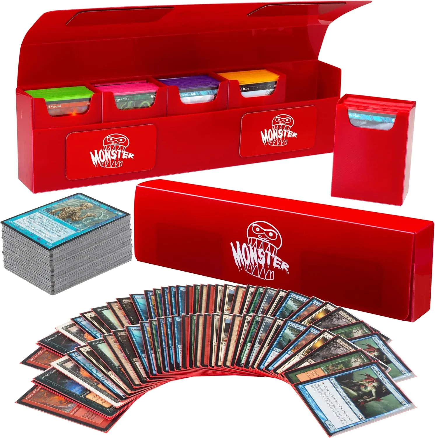 Monster Protectors Magnetic Five Deck Box - Red, Holds 375 Gaming TCGs, Self-locking Closure, Compatible w Standard & Smaller Size Gaming Trading Cards, Removable Construction, Gift