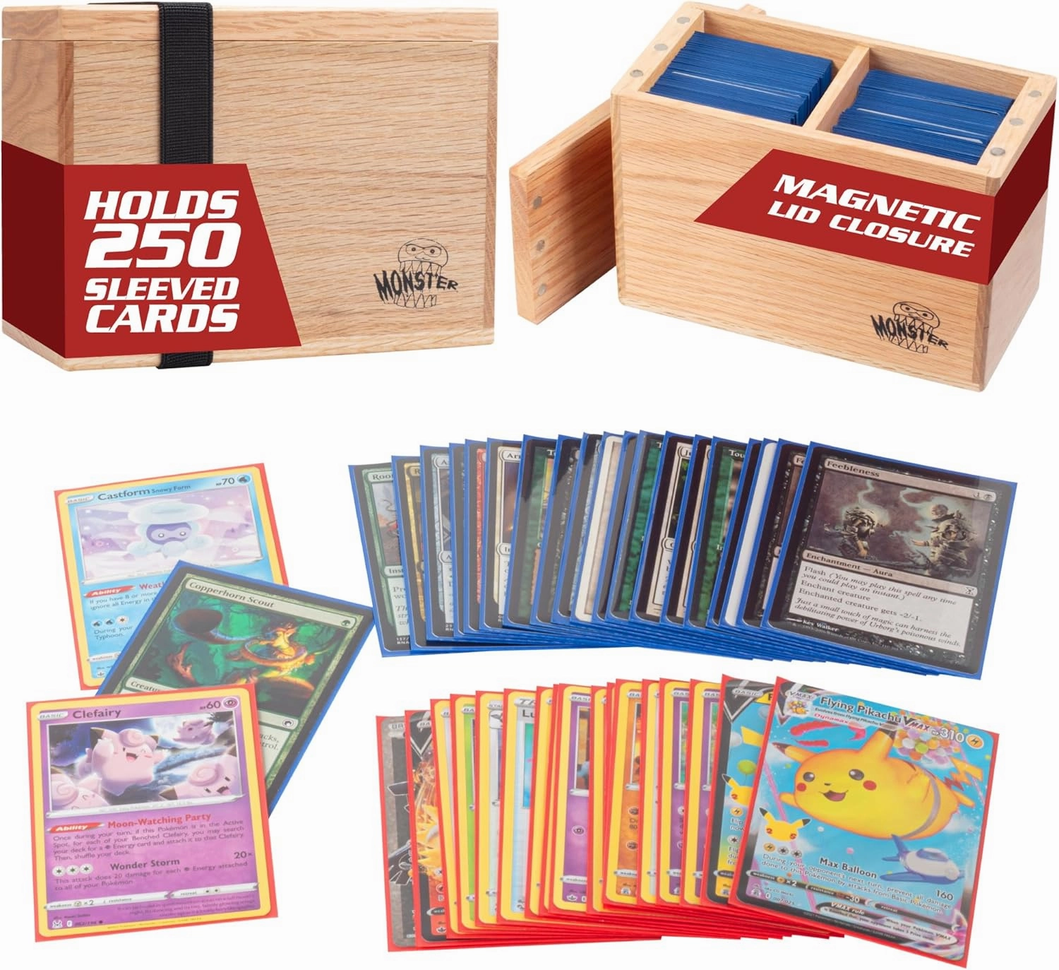 Monster Wooden Double Deck Box w Strong Magnetic Lid & Security Band- Premium Holds 250 Sleeved Cards- Compatible with Yugioh, Commander Magic The Gathering MTG Sport Cards Trading TCG Game, Gift