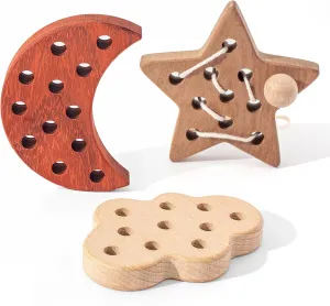 Montessori Wooden Lacing Threading Toys, Moon/Stars/Cloud Lacing Toys for Toddlers, Threading Activity Toddler Travel Toy, Fine Motor Skills Toys for 2 3 4 Year Old (Natural Wood)