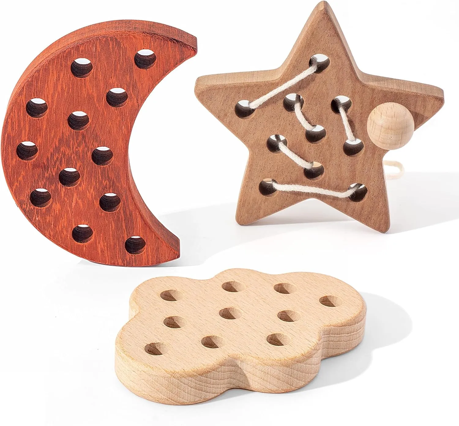 Montessori Wooden Lacing Threading Toys, Moon/Stars/Cloud Lacing Toys for Toddlers, Threading Activity Toddler Travel Toy, Fine Motor Skills Toys for 2 3 4 Year Old (Natural Wood)