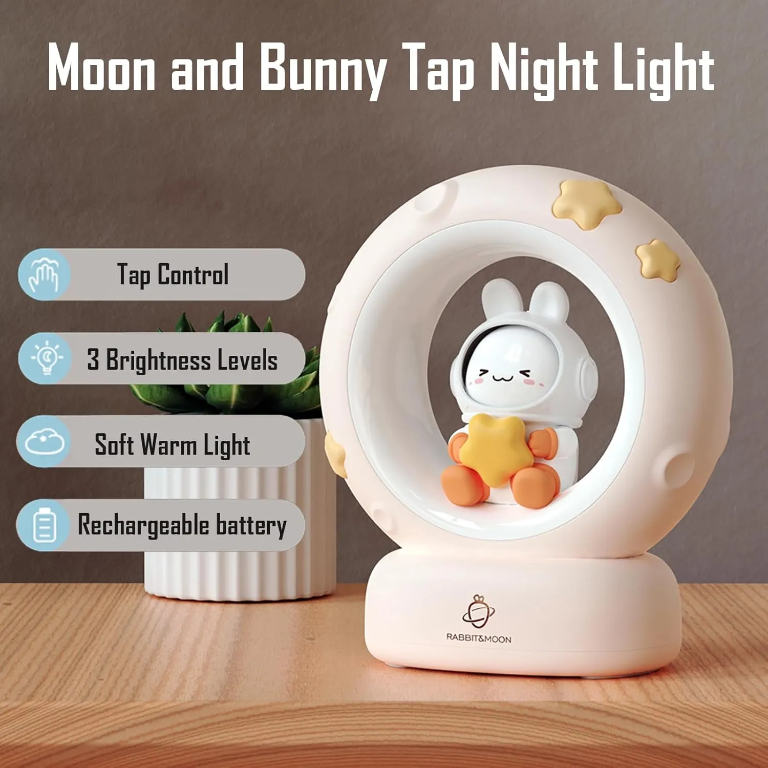 Moon and Bunny Rechargeable Night Light, Safe PVC and ABS Material, 3 Brightness Levels, Tap Control, Warm Light, Toddler Sleeping Lamp, Bedroom Night Lamp, Gift for Baby and Kid (Moon and Bunny)