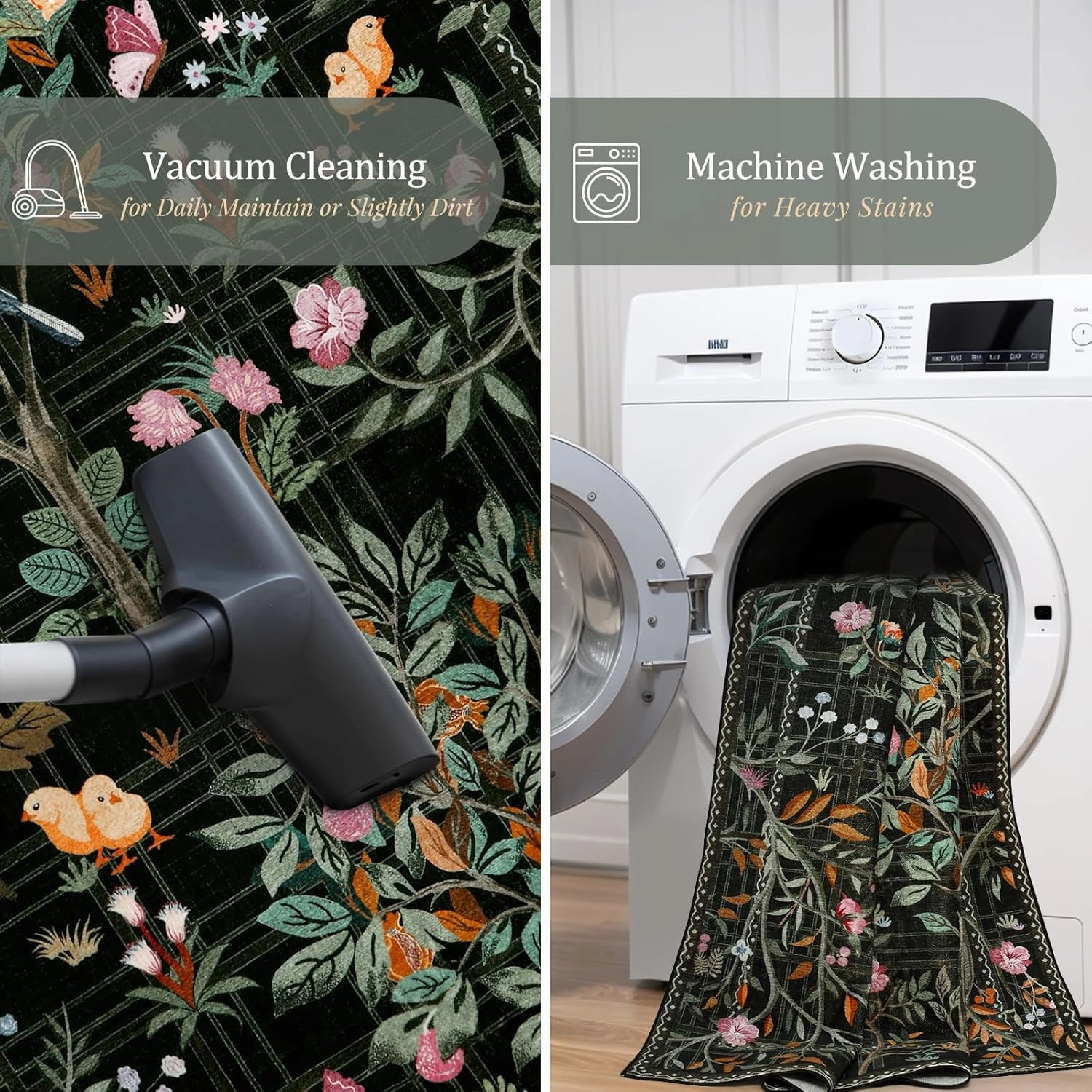 Morebes Boho Floral Rug for Living Room Non Slip, Washable Area Rugs 5x7, Soft Flower Birds Low-Pile Floor Indoor Throw Carpet for Bedroom Dining Room Dorm Playroom Foyer Office, Black