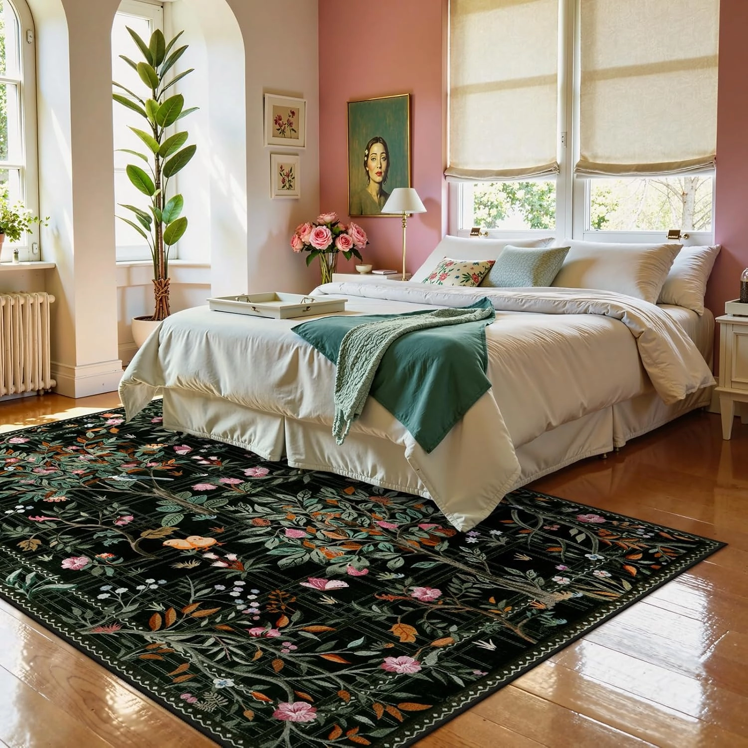 Morebes Boho Floral Rug for Living Room Non Slip, Washable Area Rugs 5x7, Soft Flower Birds Low-Pile Floor Indoor Throw Carpet for Bedroom Dining Room Dorm Playroom Foyer Office, Black