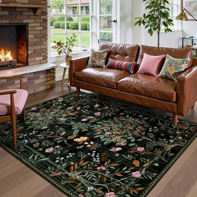 Morebes Boho Floral Rug for Living Room Non Slip, Washable Area Rugs 5x7, Soft Flower Birds Low-Pile Floor Indoor Throw Carpet for Bedroom Dining Room Dorm Playroom Foyer Office, Black