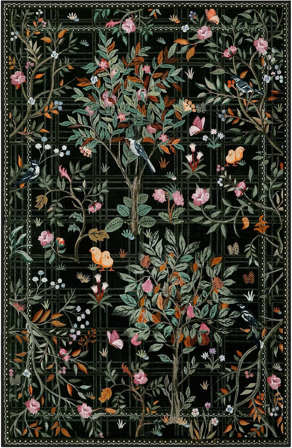 Morebes Boho Floral Rug for Living Room Non Slip, Washable Area Rugs 5x7, Soft Flower Birds Low-Pile Floor Indoor Throw Carpet for Bedroom Dining Room Dorm Playroom Foyer Office, Black
