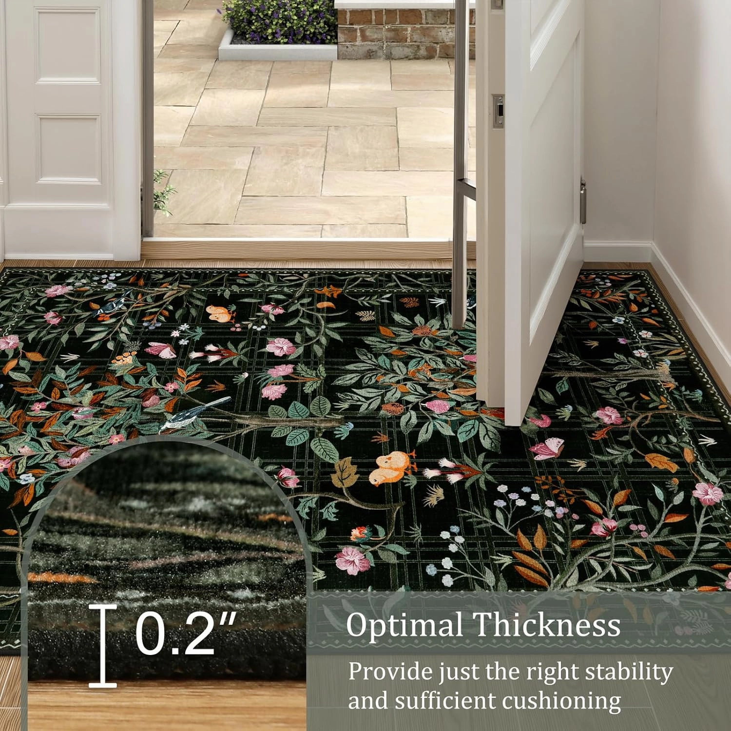 Morebes Boho Floral Rug for Living Room Non Slip, Washable Area Rugs 5x7, Soft Flower Birds Low-Pile Floor Indoor Throw Carpet for Bedroom Dining Room Dorm Playroom Foyer Office, Black