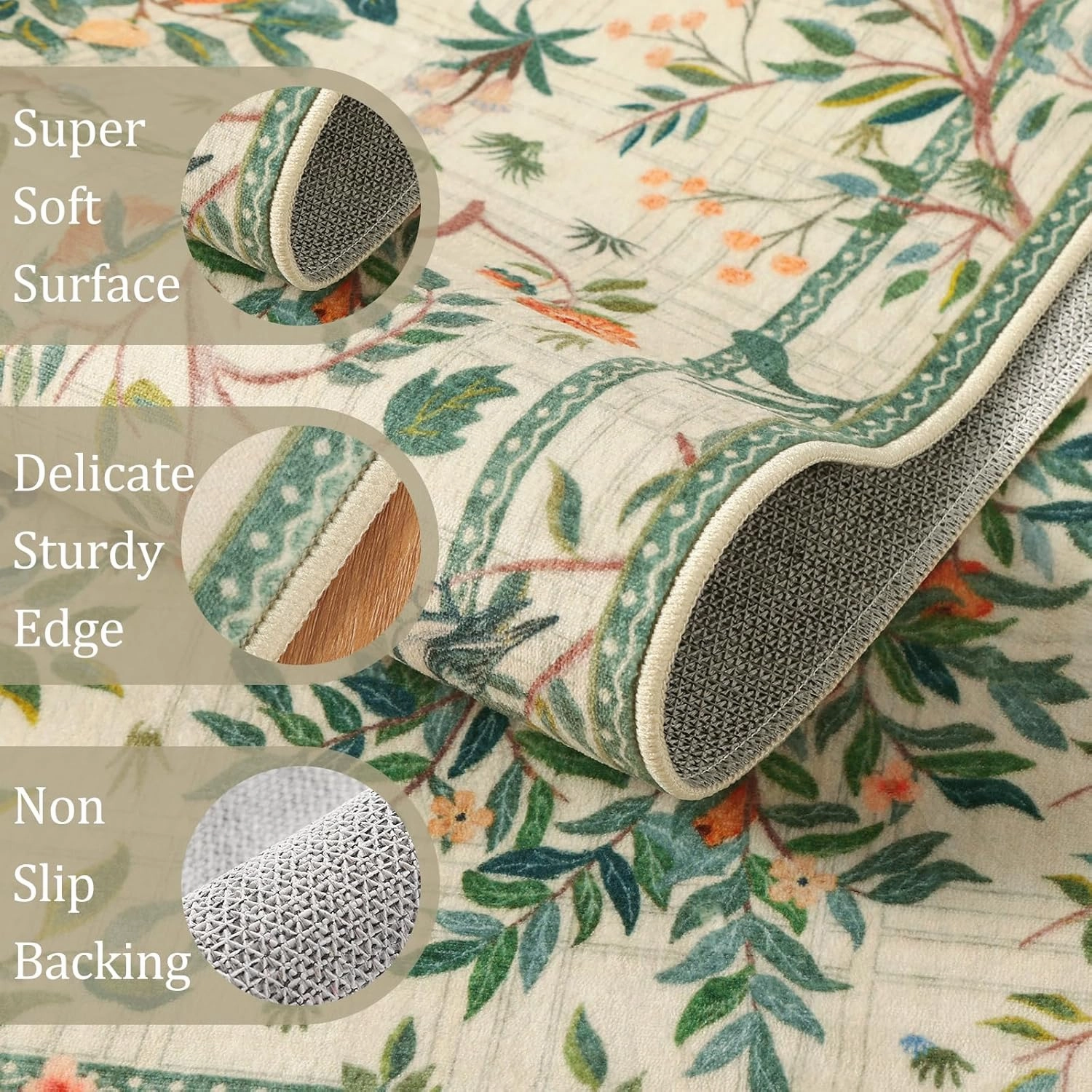 Morebes Washable 5x7 Area Rug for Bedroom, Boho Floral Kids Room Rug Non Slip, Soft Flower Low-Pile Indoor Floor Throw Carpet for Dining Room Bedroom Home Office Playroom, Sage Green
