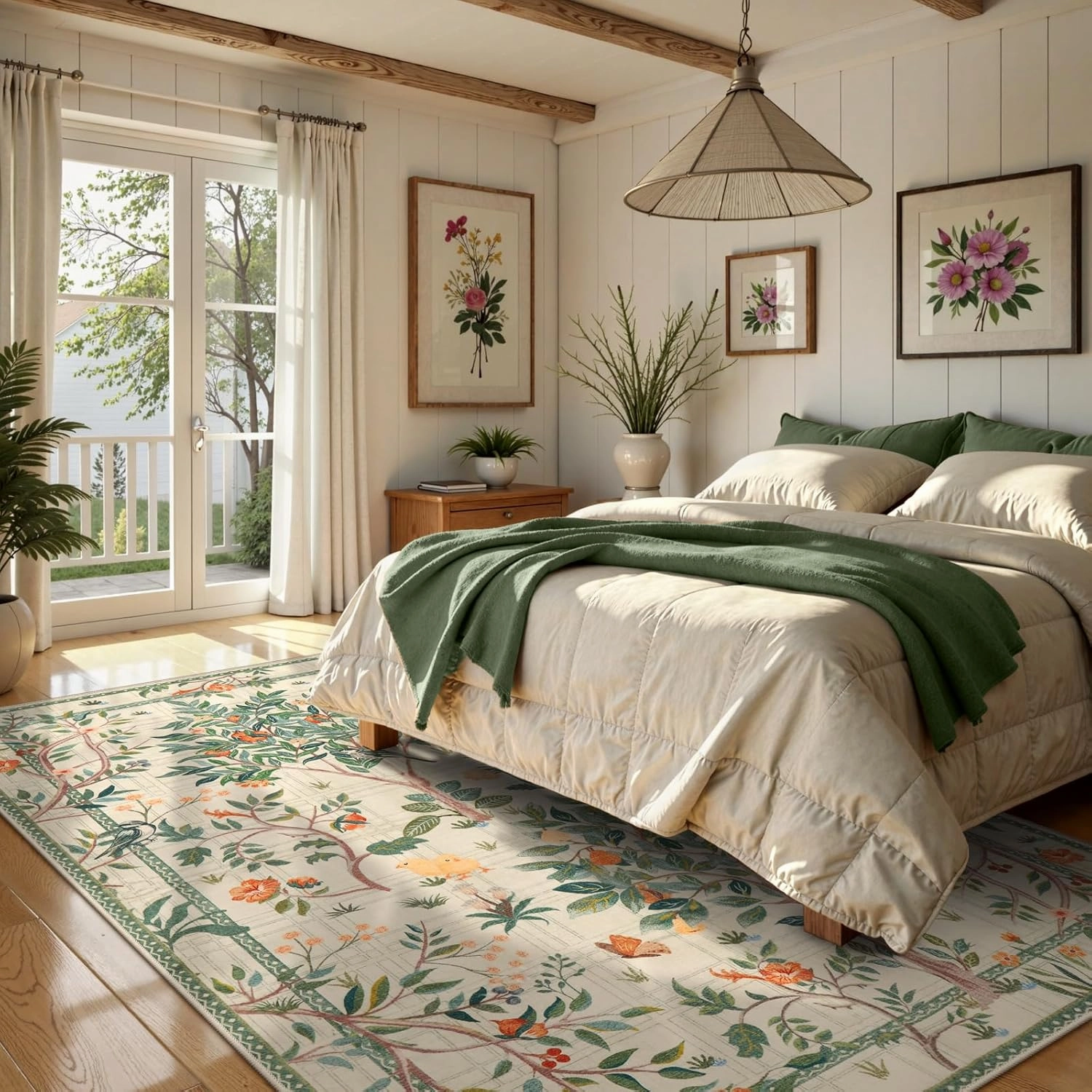 Morebes Washable 5x7 Area Rug for Bedroom, Boho Floral Kids Room Rug Non Slip, Soft Flower Low-Pile Indoor Floor Throw Carpet for Dining Room Bedroom Home Office Playroom, Sage Green