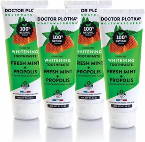 MOUTHWATCHERS Whitening Fluoride Free Naturally Sourced Toothpaste, 4 Tubes, 3 oz Each, for Sensitive Teeth and Gums, Fresh Organic Mint and Propolis, by Dr. Plotka's