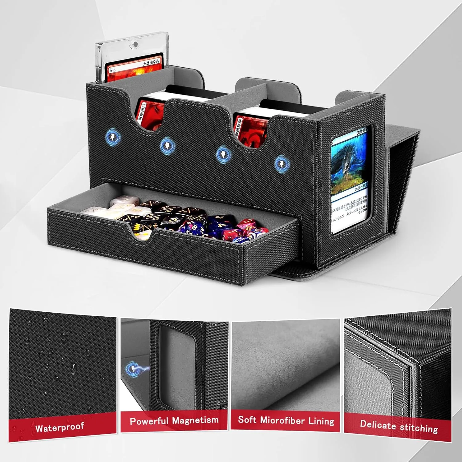 MTG Deck Box with 2 Commander Display,Commder Deck Box Fits 310  Cards，with Dice Tray,Leather Magnetic,Fits for TCG CCG Magic Cards (Black Gray)