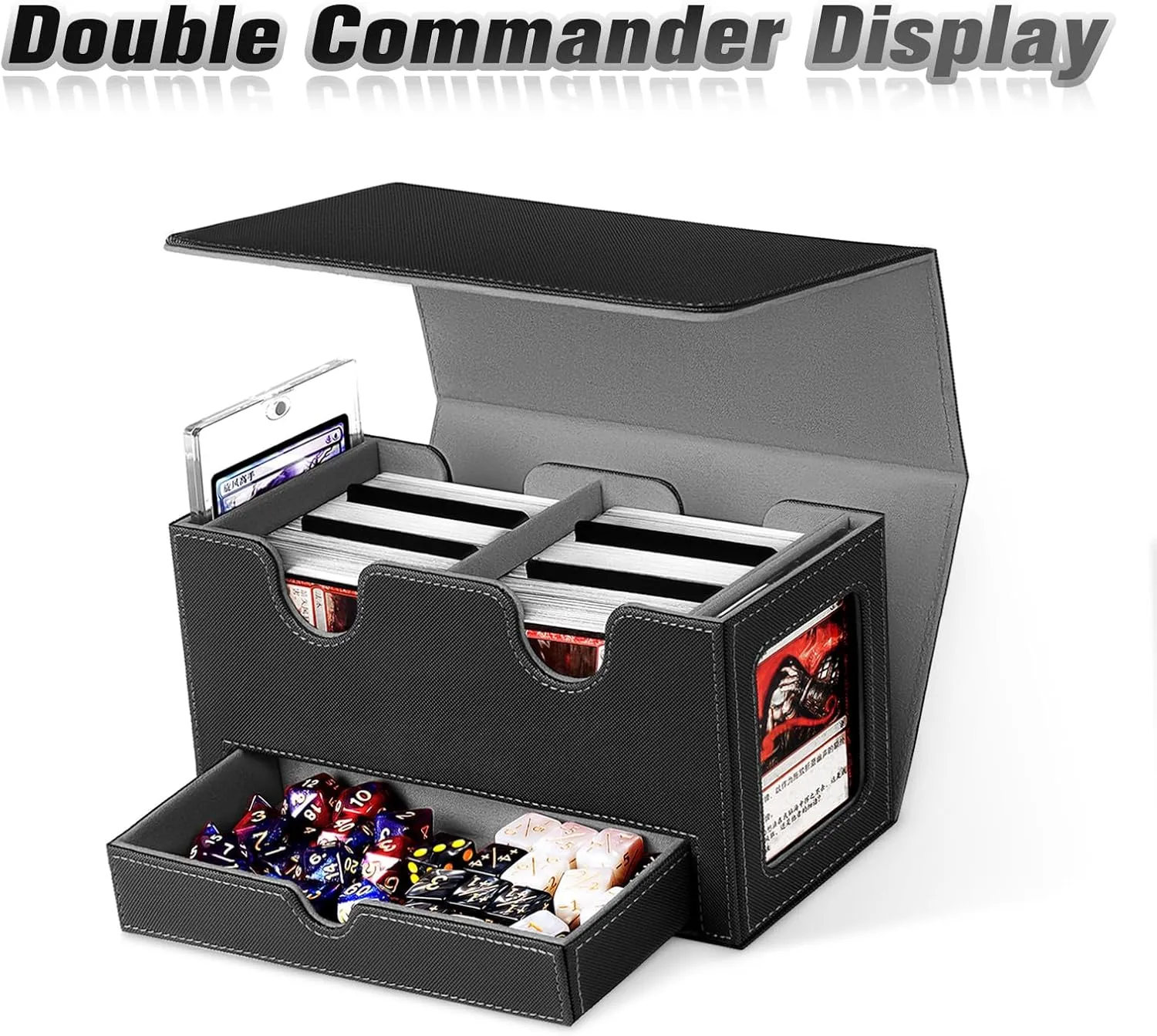 MTG Deck Box with 2 Commander Display,Commder Deck Box Fits 310  Cards，with Dice Tray,Leather Magnetic,Fits for TCG CCG Magic Cards (Black Gray)