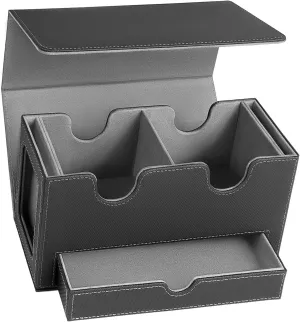 MTG Deck Box with 2 Commander Display,Commder Deck Box Fits 310  Cards，with Dice Tray,Leather Magnetic,Fits for TCG CCG Magic Cards (Black Gray)