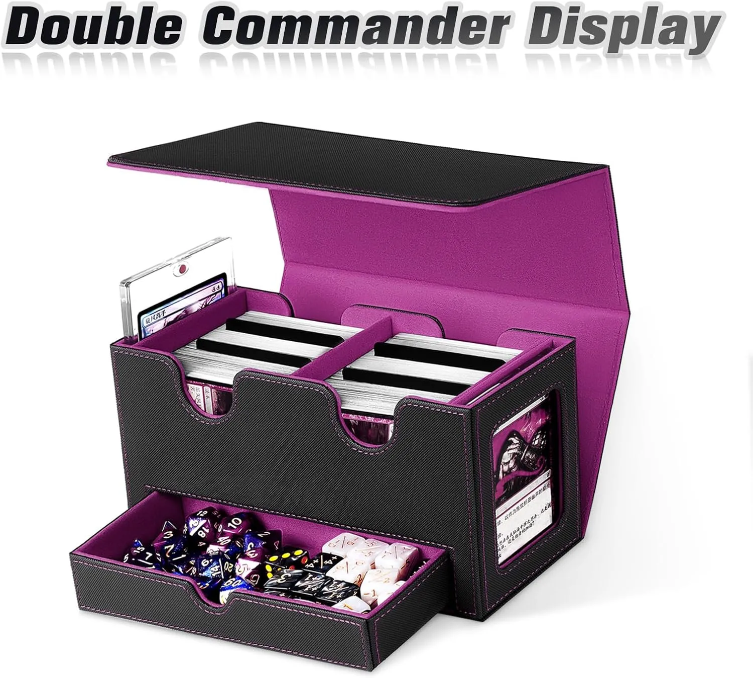 MTG Deck Box with 2 Commander Display,Commder Deck Box Fits 310  Cards，with Dice Tray,Leather Magnetic,Fits for TCG CCG Magic Cards (Black Purple)