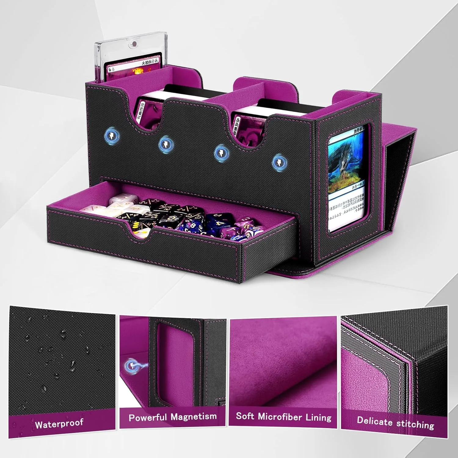 MTG Deck Box with 2 Commander Display,Commder Deck Box Fits 310  Cards，with Dice Tray,Leather Magnetic,Fits for TCG CCG Magic Cards (Black Purple)