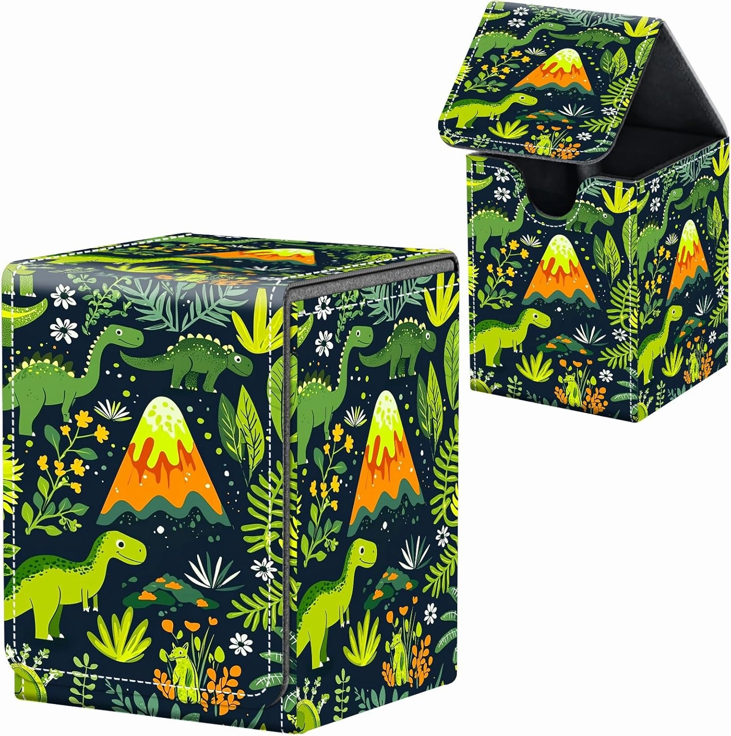 MTG Commander Deck Box, Leather Strong Magnet Magic the Gathering Deck Box for Commander Display, Holds 100  Cards, Trading Card Storage Boxes for TCG Sports Card, Green Dinosaurs and Plants