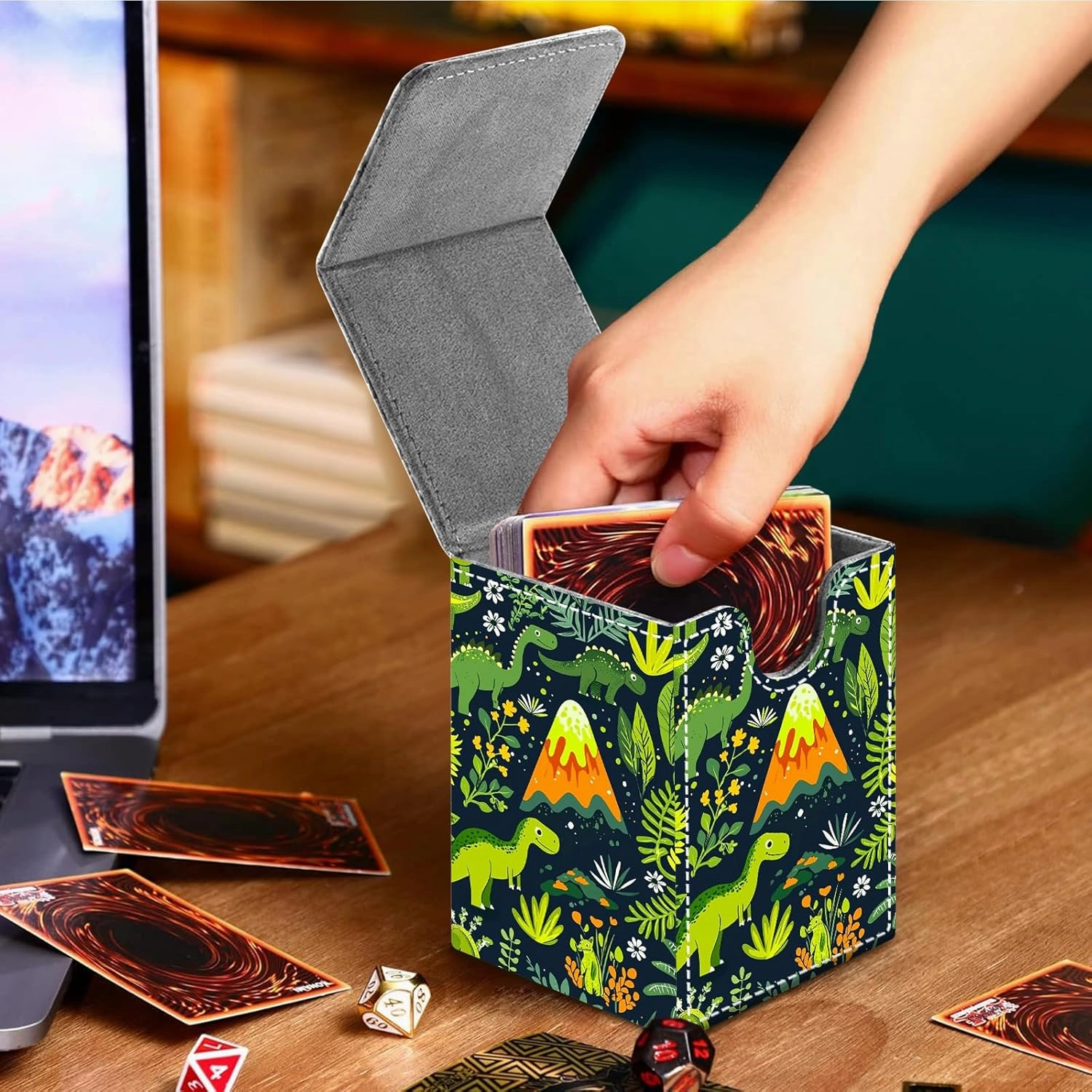 MTG Commander Deck Box, Leather Strong Magnet Magic the Gathering Deck Box for Commander Display, Holds 100  Cards, Trading Card Storage Boxes for TCG Sports Card, Green Dinosaurs and Plants