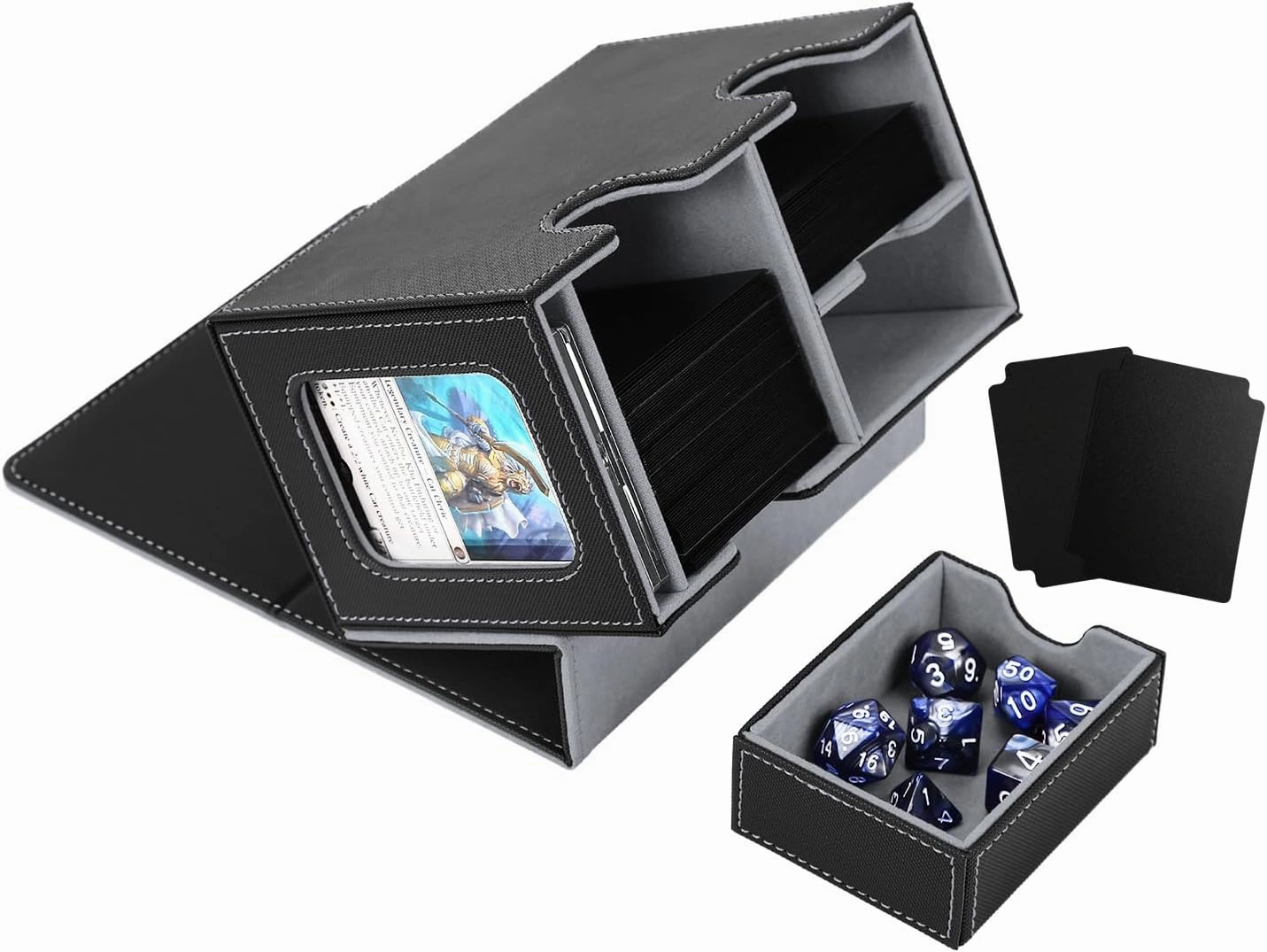 MTG Deck Box for Commander Display with Dice Tray, Double Deck Case Fits 160 Double Sleeved/200 Single Sleeved Trading Cards, TCG Storage Box with 2 Dividers and 1 Magnetic Card Holder (Black＆Grey)