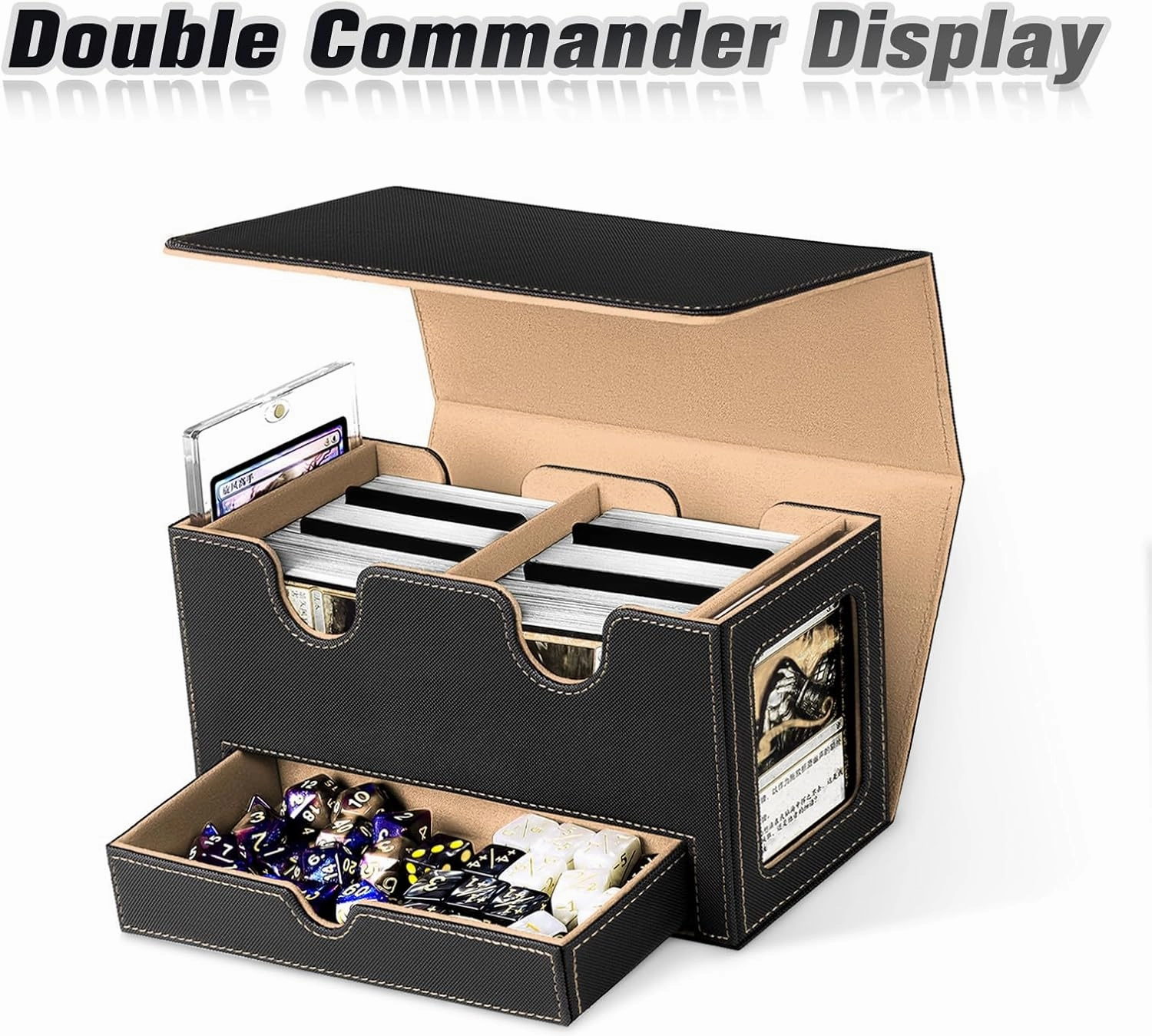 MTG Deck Box with 2 Commander Display,Commder Deck Box Fits 310  Cards，with Dice Tray,Leather Magnetic,Fits for TCG CCG Magic Cards (Khaki)
