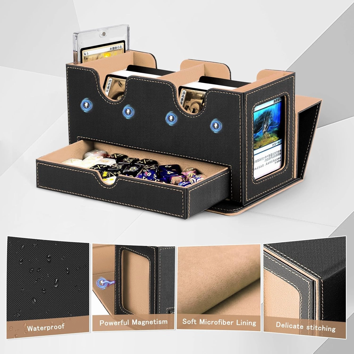 MTG Deck Box with 2 Commander Display,Commder Deck Box Fits 310  Cards，with Dice Tray,Leather Magnetic,Fits for TCG CCG Magic Cards (Khaki)