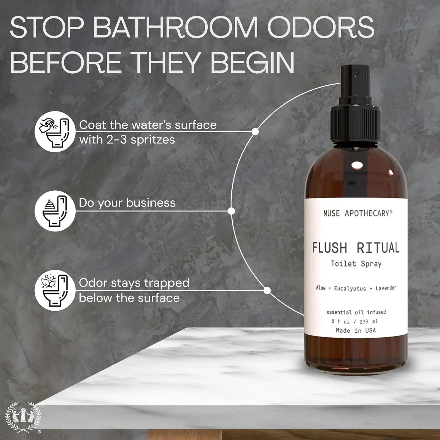 Muse Apothecary Flush Ritual - Aromatic & Refreshing Toilet Spray, Use Before You Go, 8 oz, Infused with Natural Essential Oils - Aloe   Eucalyptus   Lavender, Pack of 3