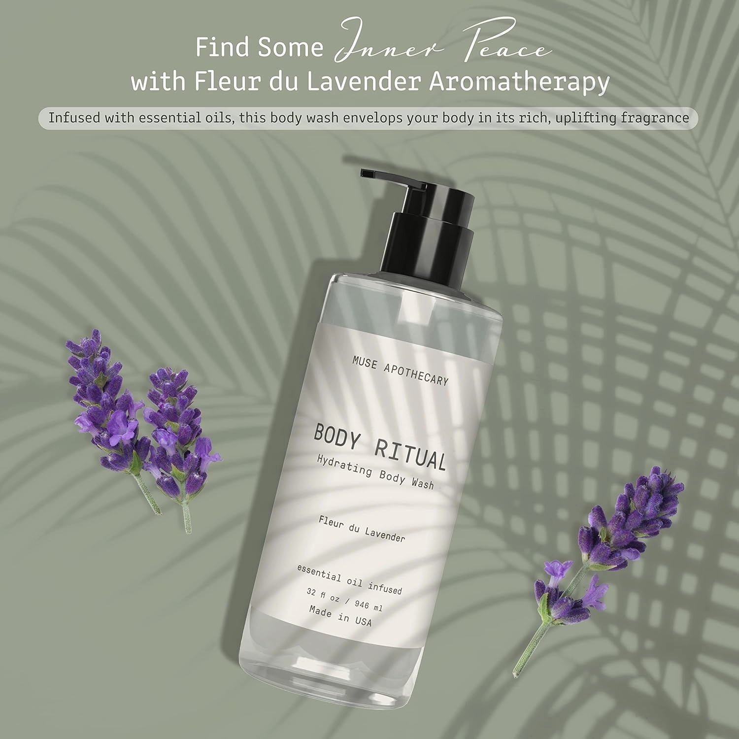 Muse Apothecary Body Ritual Hydrating - Fleur du Lavender Body Wash for Women & Men - Essential Oil Infused Aromatherapy Body Wash - 32 Ounce, 2 Pack