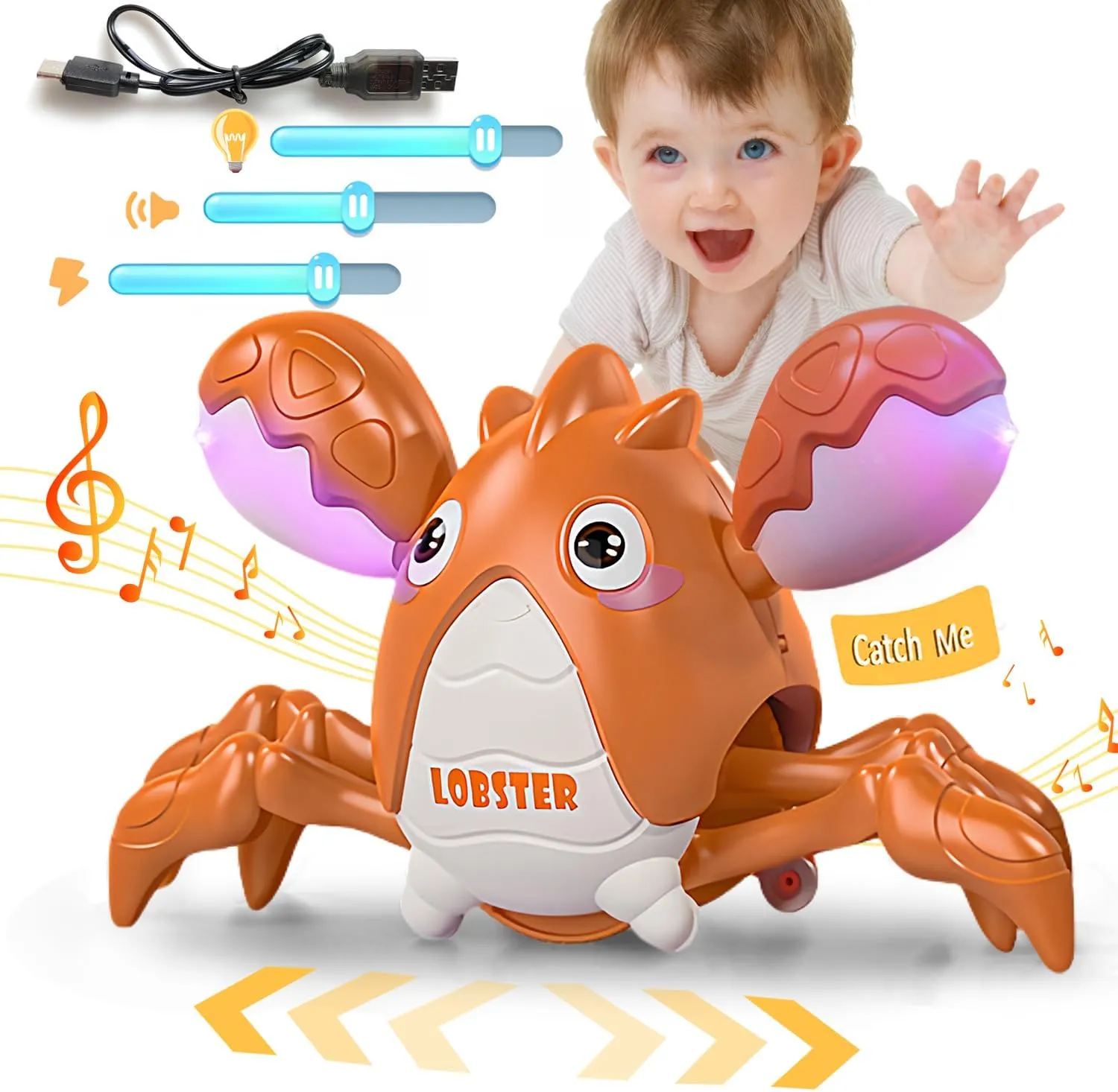 Musical Baby Toy -Crawling Lobster Toy Sensory Tummy Time Toys for Boy Girl, Light-up Walking Dancing Moving Toys Learning Development Infant Toddler Birthday Gifts (Orange)