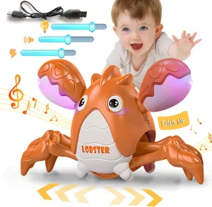 Musical Baby Toy -Crawling Lobster Toy Sensory Tummy Time Toys for Boy Girl, Light-up Walking Dancing Moving Toys Learning Development Infant Toddler Birthday Gifts (Orange)