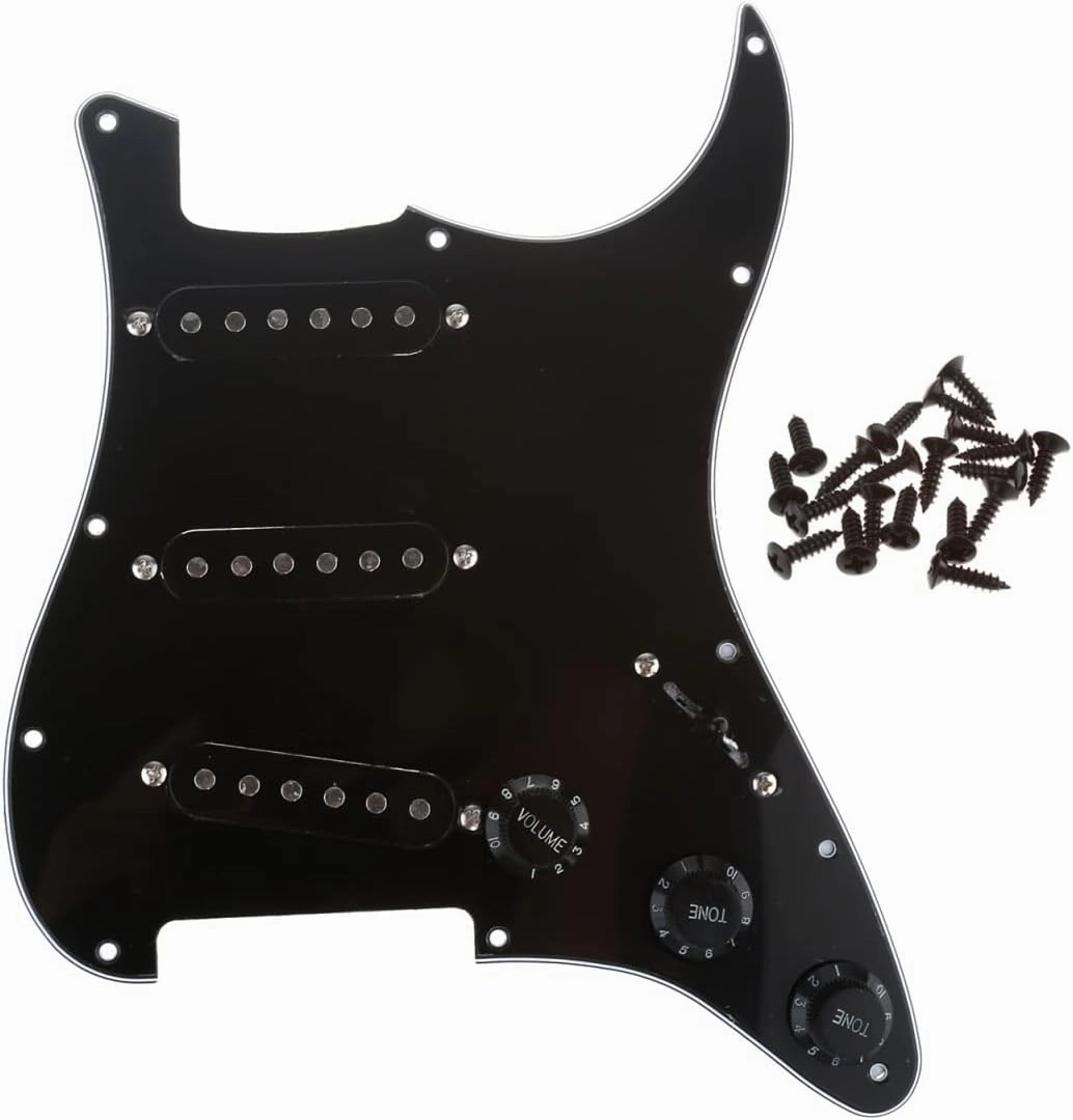 Musiclily SSS 11 Hole Loaded Prewired Strat Pickguard ST Guitar Scratch Plate with Single Coil Pickups Set for Squier Stratocaster Style Electric Guitar, Black