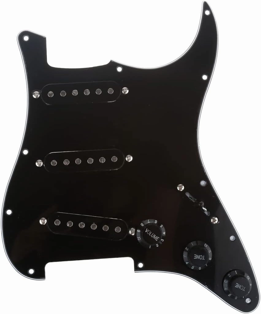 Musiclily SSS 11 Hole Loaded Prewired Strat Pickguard ST Guitar Scratch Plate with Single Coil Pickups Set for Squier Stratocaster Style Electric Guitar, Black