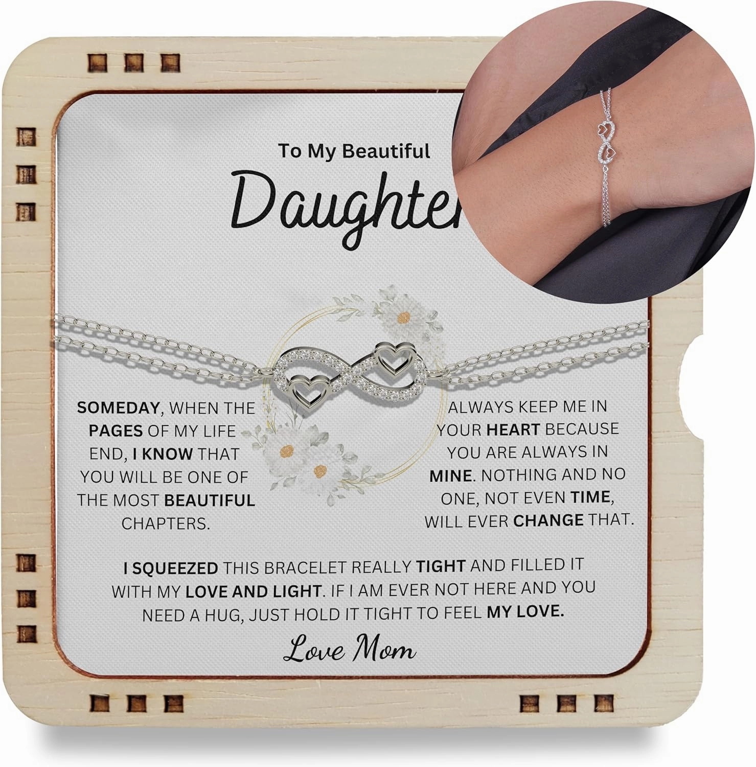 My Beautiful Daughter Always Keep Me in Your Heart Love Mom, 925 Sterling Silver Infinity Bracelet with message card, Birthday Gift, Festival Gift for Daughter