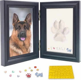 MYPAWLETS Dog or Cat Paw Print Frame Kit with Trinkets,Large Pawprint Area,Pet Paw Print Impression kit with SOFE Clay,Wooden Dog Picture Frame,Personalized Gift Keepsake for Pet Lovers-Large Black