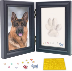 MYPAWLETS Dog or Cat Paw Print Frame Kit with Trinkets,Large Pawprint Area,Pet Paw Print Impression kit with SOFE Clay,Wooden Dog Picture Frame,Personalized Gift Keepsake for Pet Lovers-Large Black