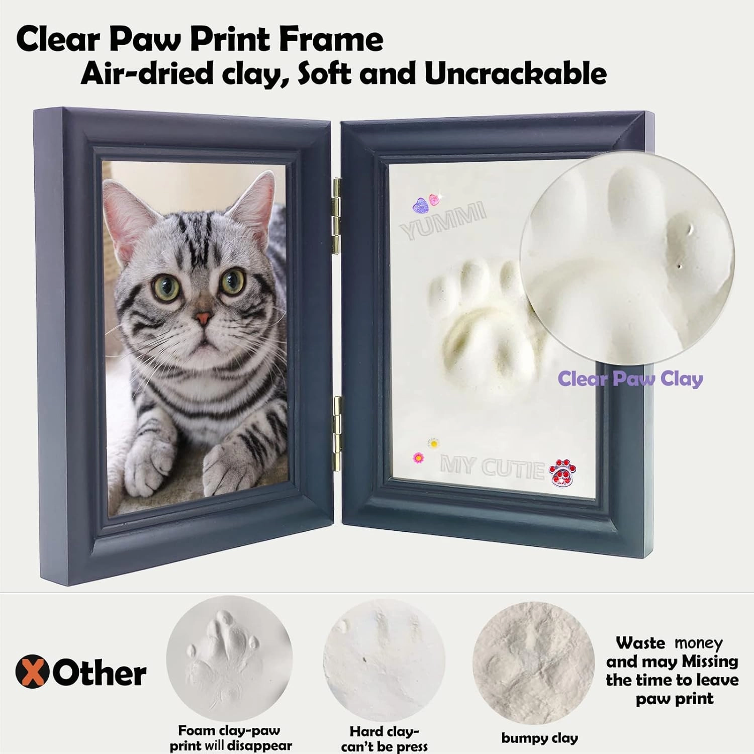 MYPAWLETS Dog or Cat Paw Print Kit with Trinkets,Pet paw Print Impression kit with 2 Clay,Wooden Dog Picture Frame,Personalized Gift Keepsake for Pet Lovers-Black