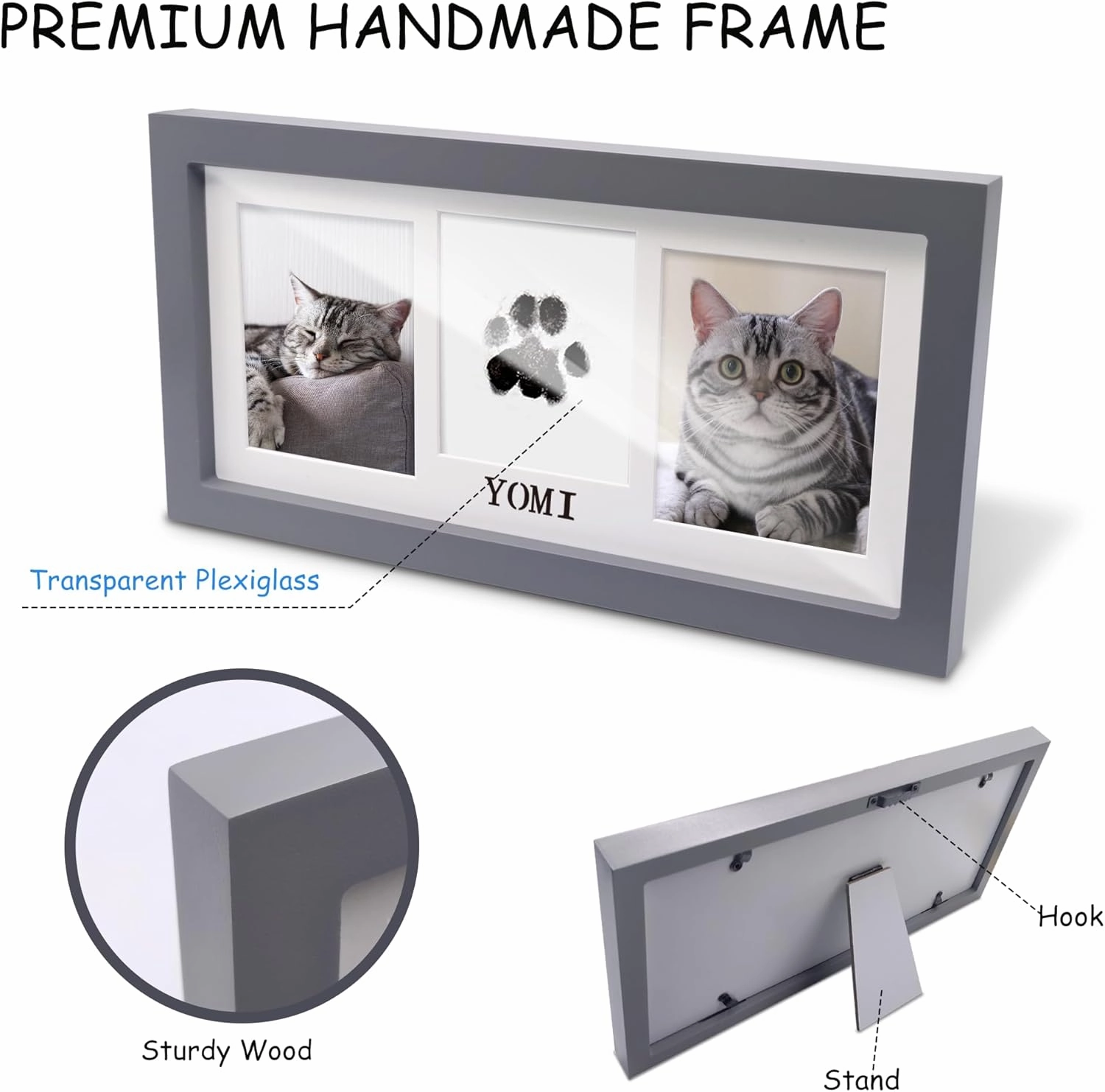 MYPAWLETS Paw Print Frame & Ink Pads Kit,Dog or Cat Paw Print Kit,2 No Mess Ink Pads for Pets,Paw Print Stamp Pad for Dogs,Wooden Pet Memorial Frame,Personalized Pet Paw Print Gifts-Grey